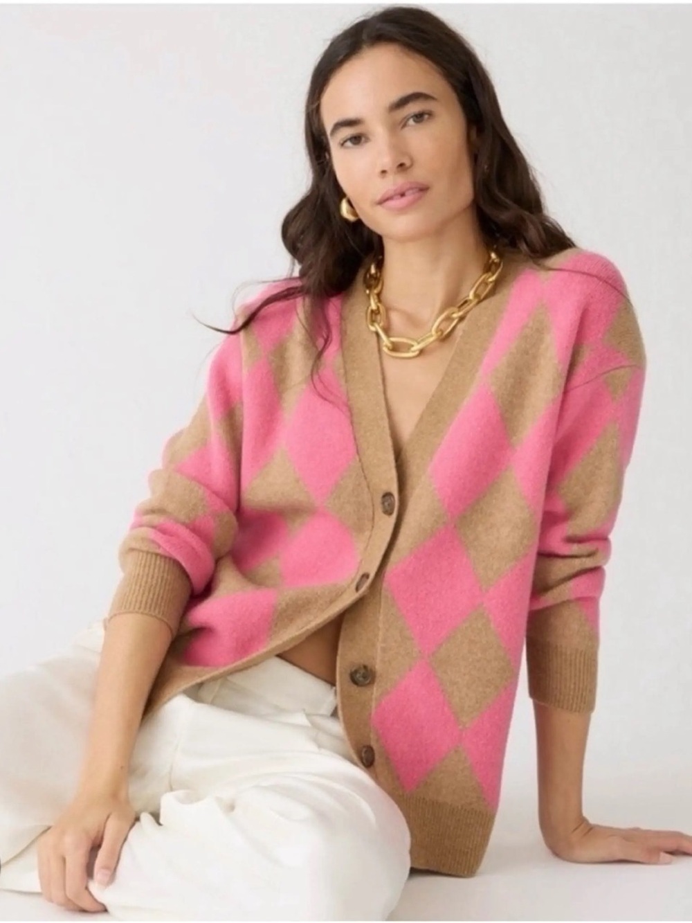 Like-new J. Crew Argyle V-neck cardigan sweater in Supersoft yarn Acorn Azalea